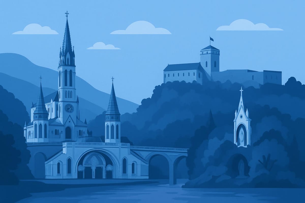 Must-see landmarks of Lourdes, France.